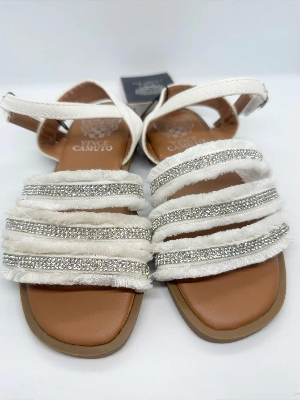 Vince Camuto White Rhinestone-Trim Ankle Strap Sandals
